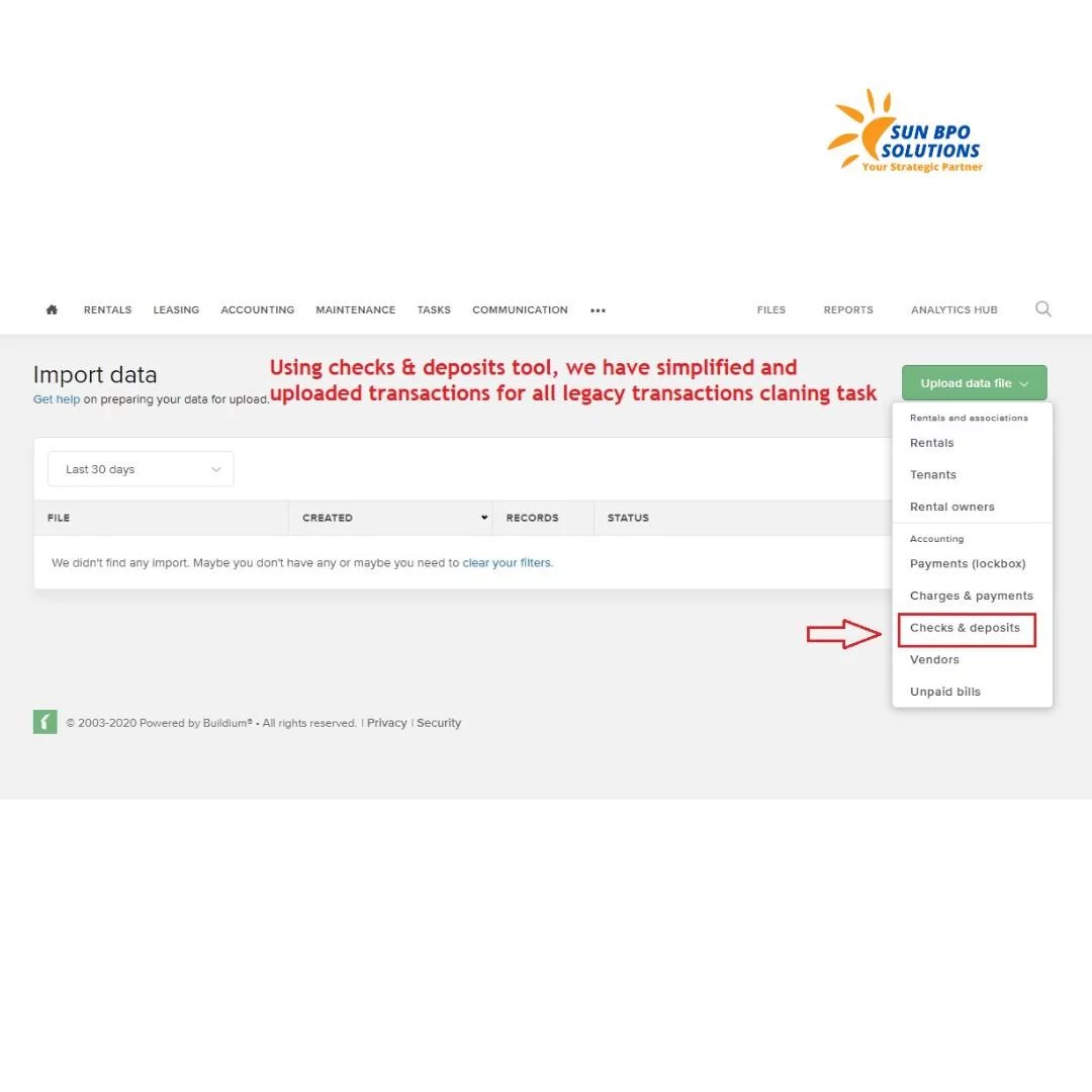 Data import process in Buildium Property Management software<br />

