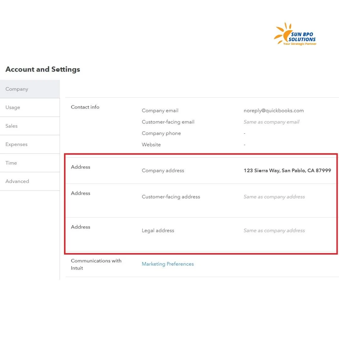 QuickBooks Online setup screen showing the address update section for company details.