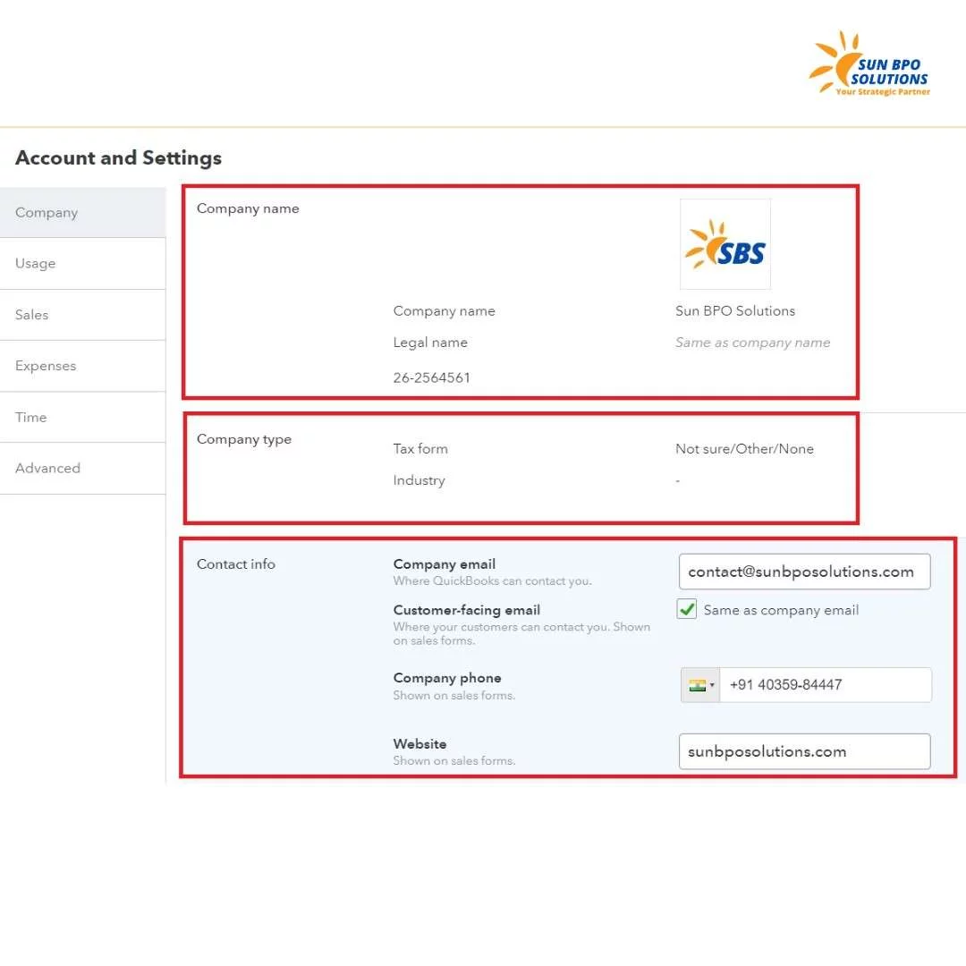QuickBooks Online setup screen showing fields for uploading company logo, entering EIN, and updating contact information| Quickbooks Online Company Setup Portfolio