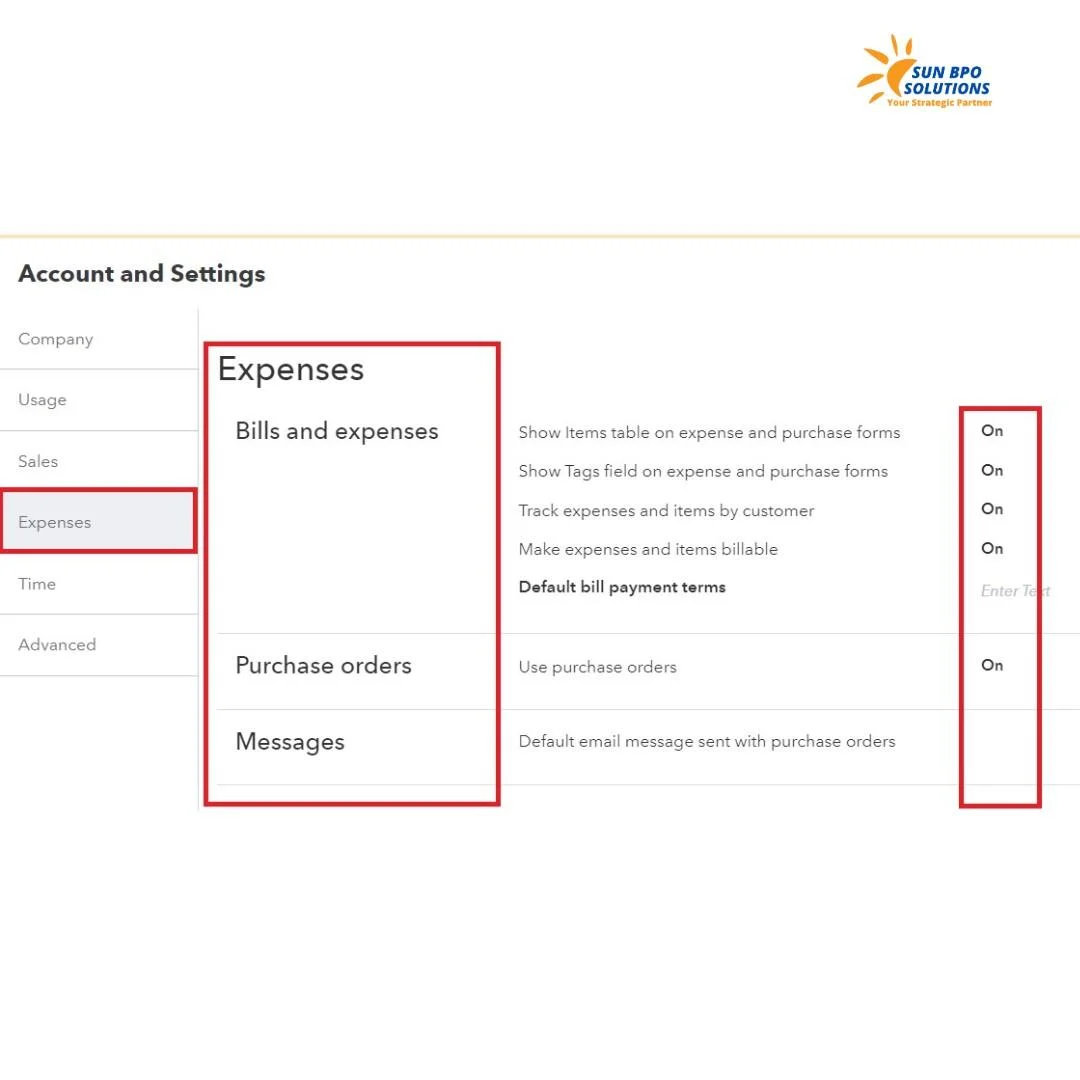 QuickBooks Online setup screen showing the configuration of expense categories and settings.