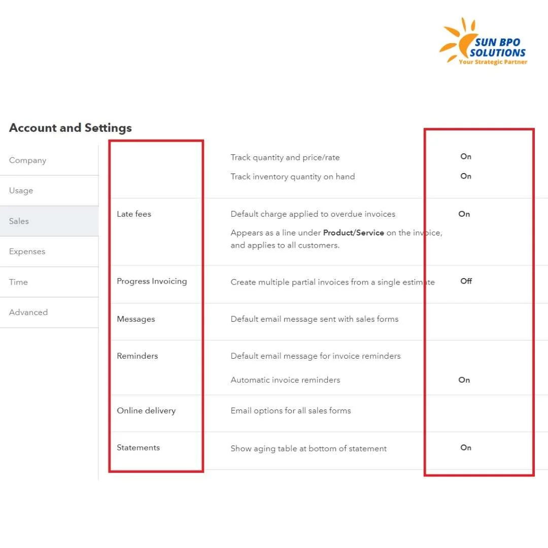 QuickBooks Online setup screen showing the update process for sales information, including tax settings and sales tax rates.
