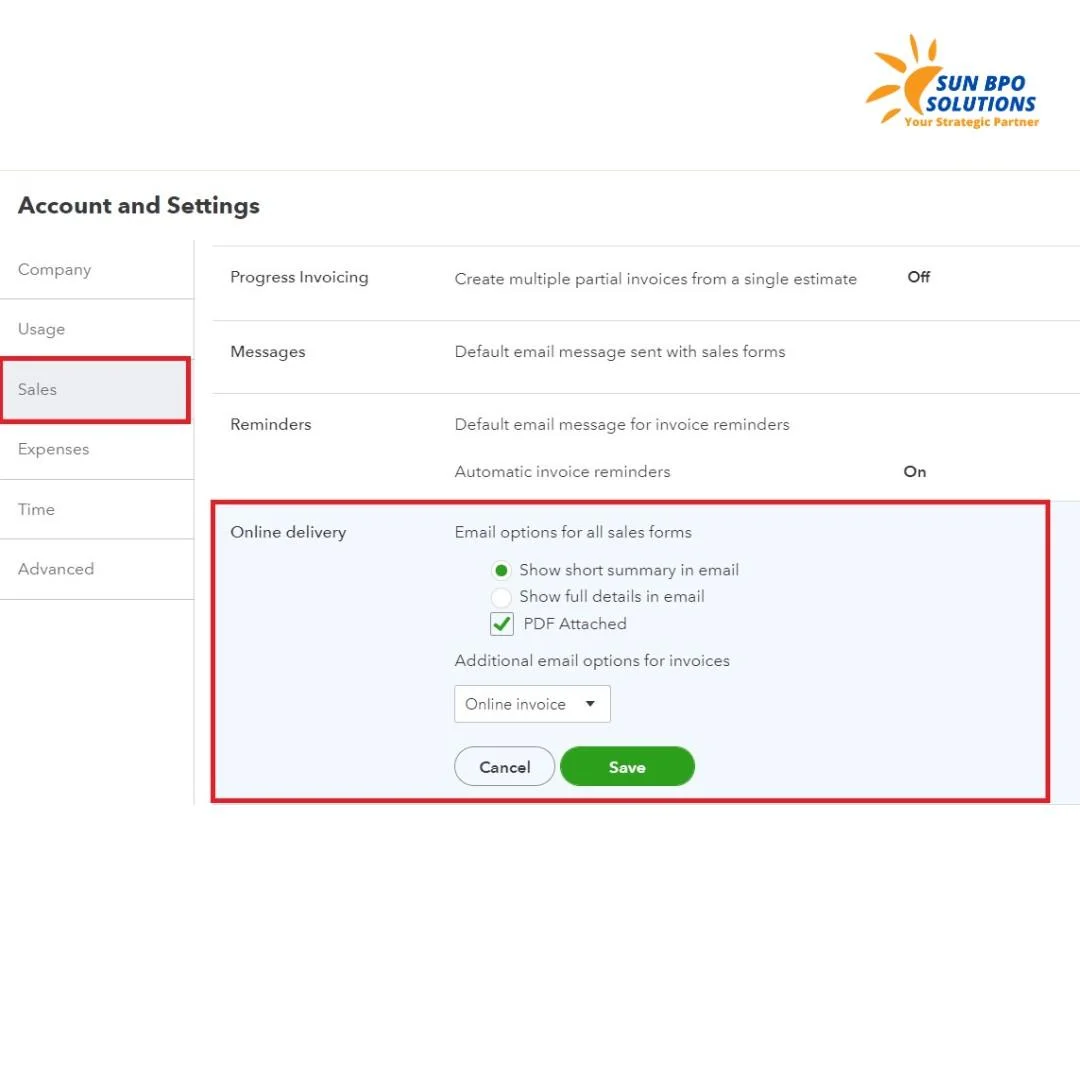 QuickBooks Online setup screen showing the configuration of online delivery options for sales transactions.