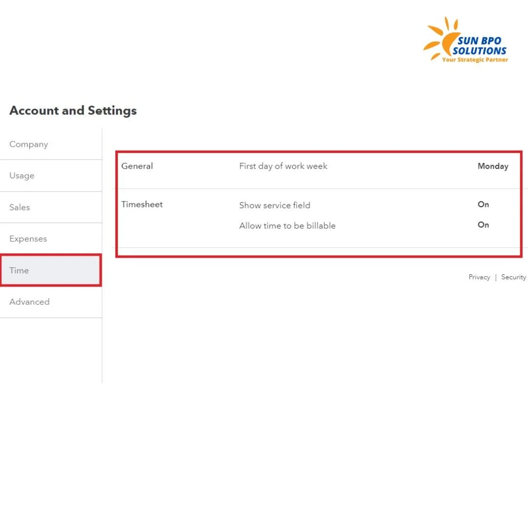 QuickBooks Online setup screen showing the configuration of time tracking settings for employees and projects.