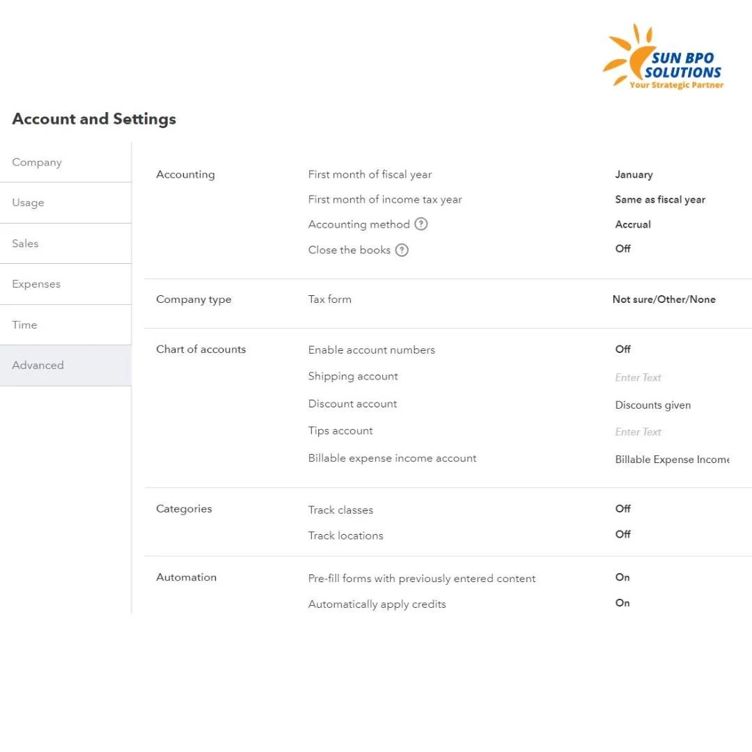 QuickBooks Online setup screen showing advanced configuration options including user permissions and advanced settings