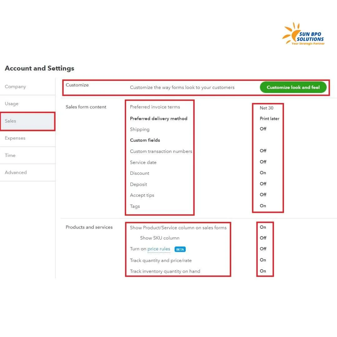 QuickBooks Online setup screen showing the configuration of sales forms, products, and services.