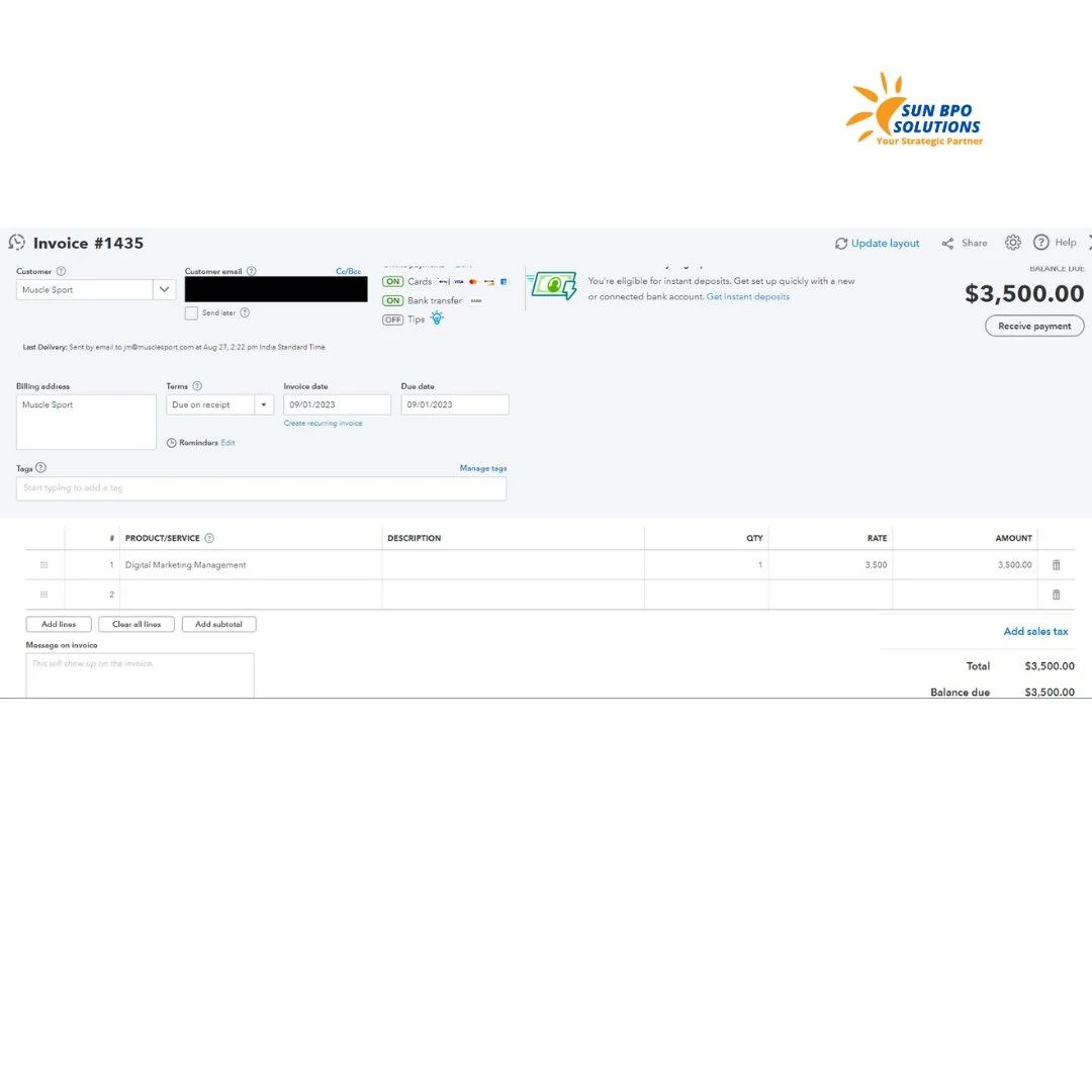 Screenshot of the Invoice Creation process in QuickBooks Online, showing fields for customer details, products or services, and payment terms | Quickbooks Account Receivable Portfolio<br />
