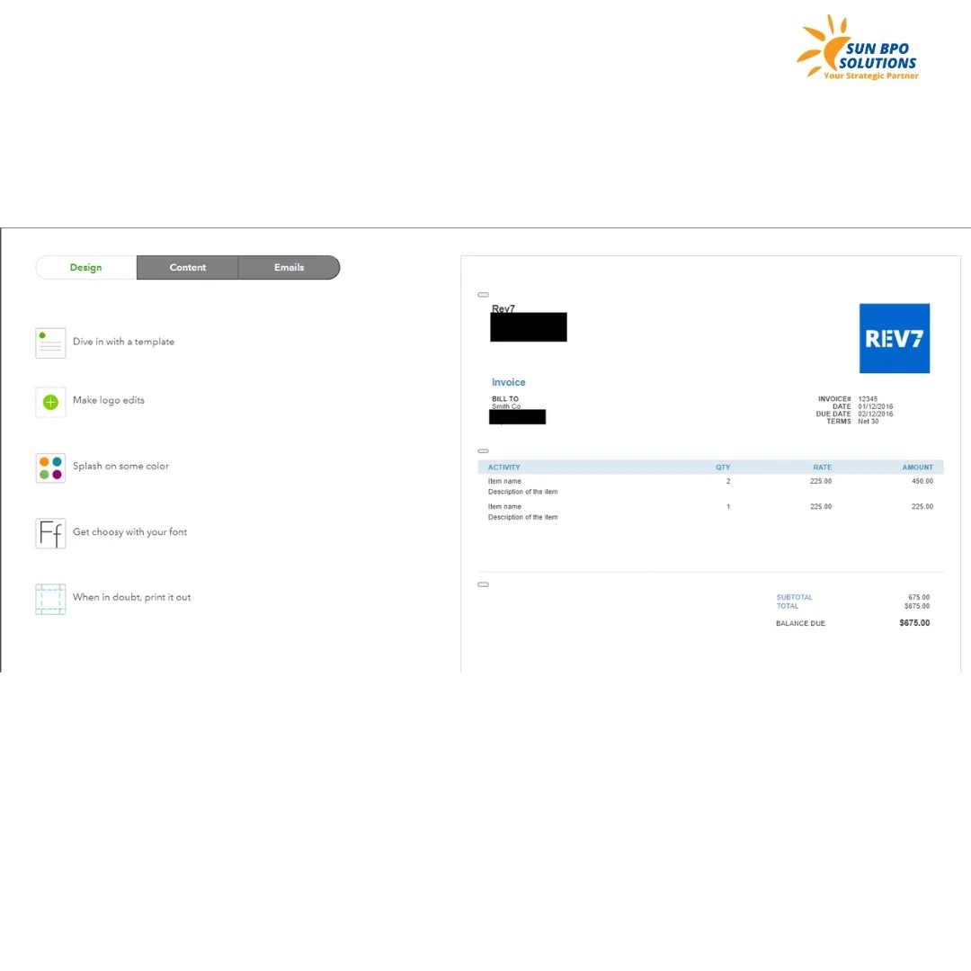 Screenshot of the invoice template design process in QuickBooks Online Accounts Receivable, showing customization options for layout, branding, and fields.<br />
