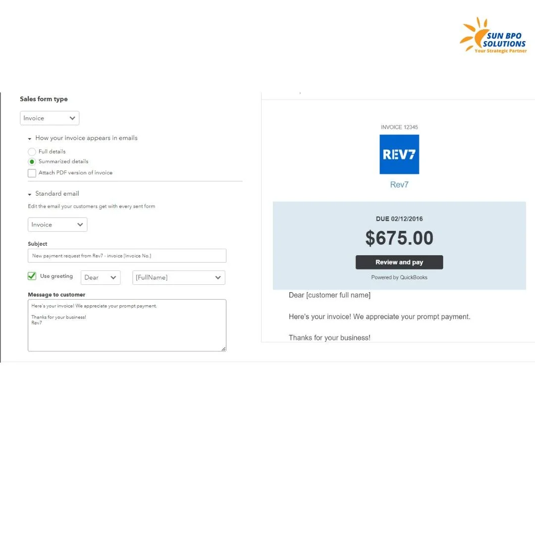  Screenshot of the invoice email design process in QuickBooks Online Accounts Receivable, showing customization options for email subject, message, and template layout.<br />
