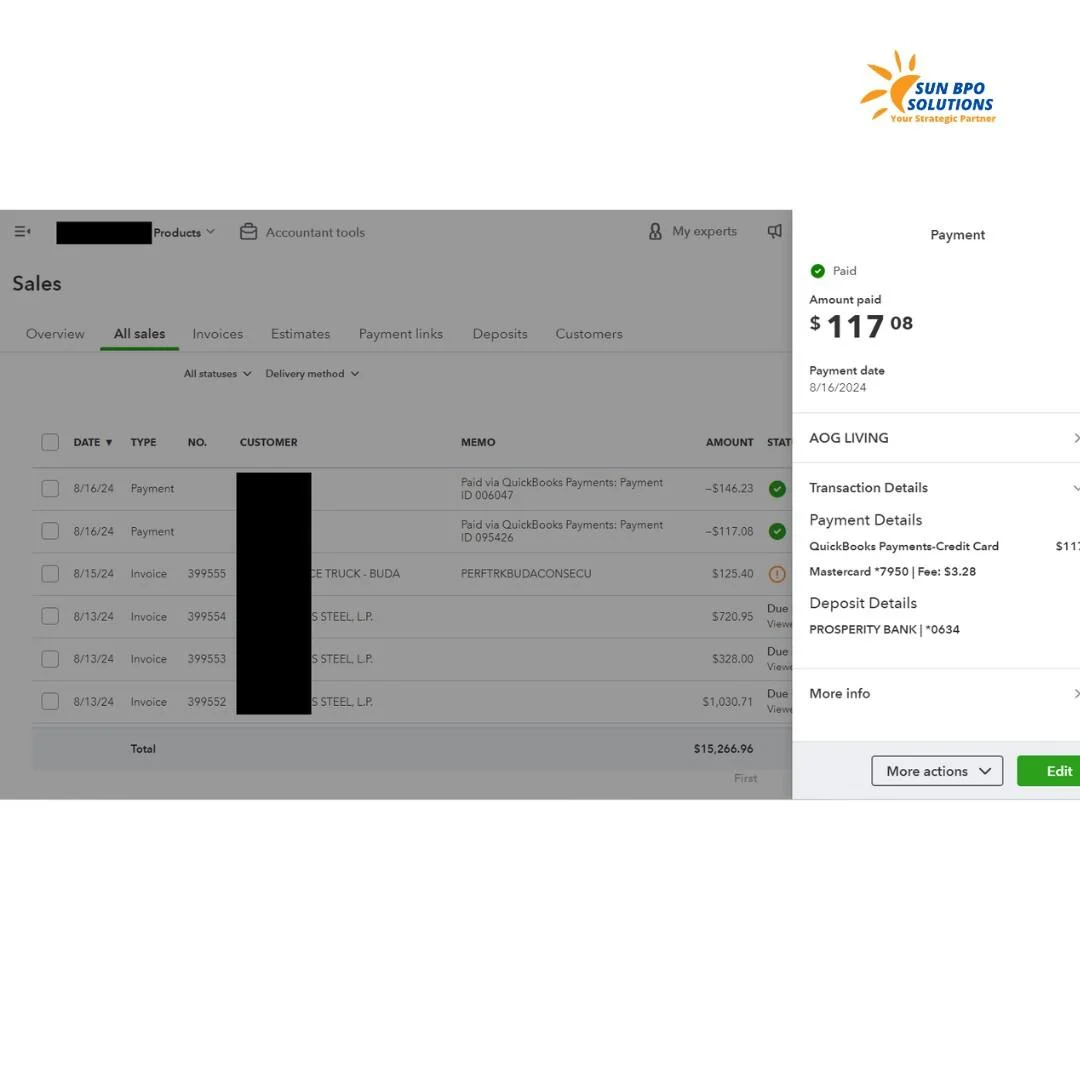  Screenshot of the payment tracking and recording process in QuickBooks Online Accounts Receivable, displaying fields for recording payment details and updating customer accounts.<br />
