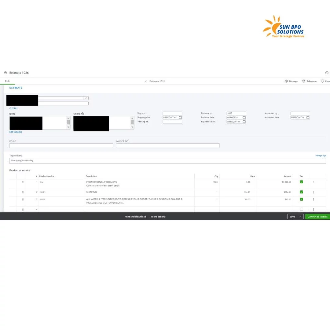 Screenshot of the estimates creation process in QuickBooks Online Accounts Receivable, showing fields for entering estimate details, customer information, and itemized services.<br />

