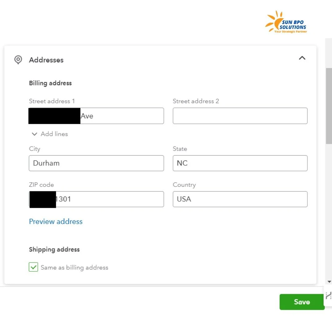 Screenshot of the customer creation process in QuickBooks Online, showing fields for entering customer details for accounts receivable management.<br />
